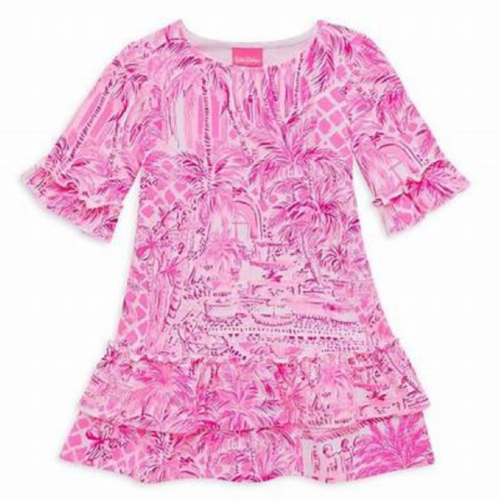 Lilly Pulitzer Girls Pink Tropical Print Ruffle Dress